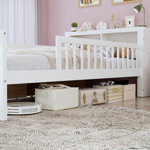 Bed With Headboard Storage Rack, 2 Under Bed Drawers, 3 Side Guardrails For Safety