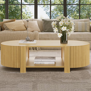 Oval Fluted Coffee Table with Storage for Living Room