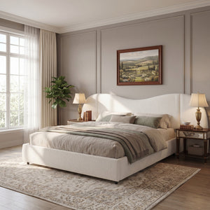 King Size Upholstered Bed Frame With Boucle Fabric Curved And Wide Headboard