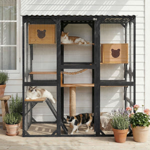 Outdoor Cat Enclosure With Sleeping Houses, Jumping Platforms, Scratching Post