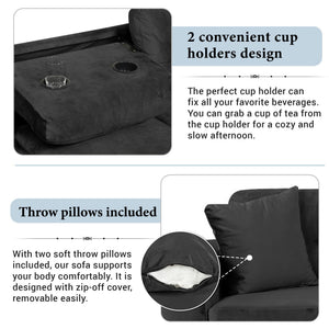 Modern Sectional Sofa With Storage Ottoman, L - Shape Couch With 2 Pillows And Cup Holders