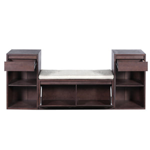 Entryway Storage Bench With Cushion, Drawers & Open Shelves