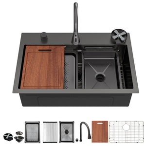 Drop In Waterfall Kitchen Sink With Pull-Out Faucet & Cup Washer