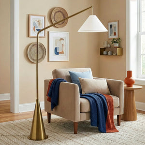Lisbon - Floor Lamp With On / Off Switch Coned Base Hanging Shade - Antique Brass / White