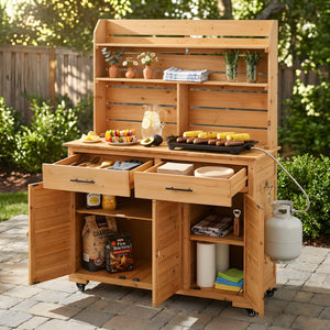 TOPMAX 65''H Large Garden Potting Bench with Lockable Wheels and Storage Cabinet