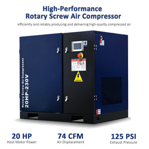 20HP Rotary Screw Air Compressor, 74 CFM, 125 PSI, Industrial-Grade