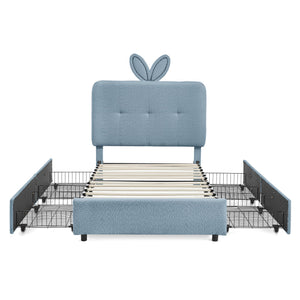 Twin Size Kids Upholstered Bed with Oversized Rabbit Ear Headboard