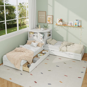 L-Shaped Bed Frame With Trundle, Built In Desk & LED Lighting