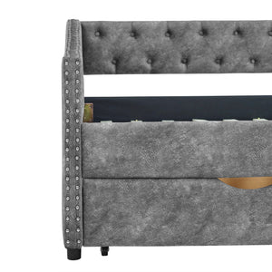 Upholstered Tufted Daybed With 2 Drawers, Waved Arms
