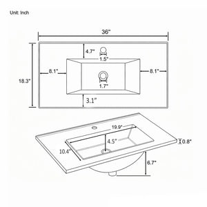 36" Ceramic Basin Sink, 0.8" Ultra-Thin Profile