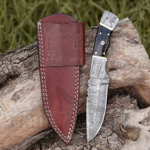 8.5” Hand Forged Damascus Steel Full Tang Skinner Knife - Buffalo Horn Handle - H 020