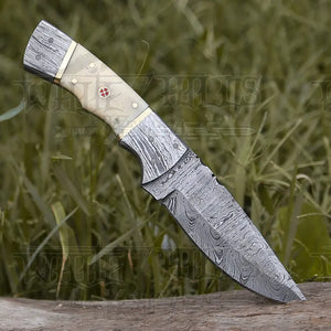 8.5” Hand Forged Damascus Steel Full Tang Skinner Knife - Camel Bone Handle - H-017