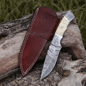 8.5” Hand Forged Damascus Steel Full Tang Skinner Knife - Camel Bone Handle - H-017