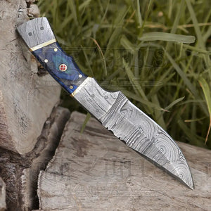 8.5” Hand Forged Damascus Steel Full Tang Skinner Knife - Colored Wood Handle - H 019