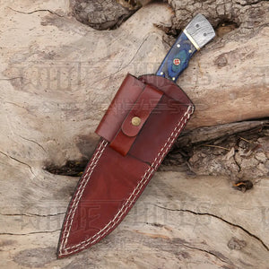 8.5” Hand Forged Damascus Steel Full Tang Skinner Knife - Colored Wood Handle - H 019