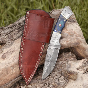 8.5” Hand Forged Damascus Steel Full Tang Skinner Knife - Colored Wood Handle - H 019