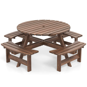 8-Person Round Picnic Table Set Circular Patio Dining Camping Table with Benches