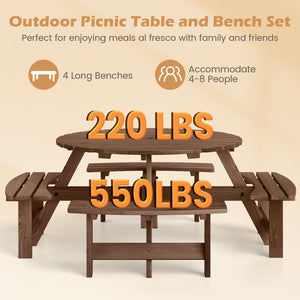 8-Person Round Picnic Table Set Circular Patio Dining Camping Table with Benches