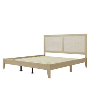Solid Wood Platform California King Bed With Rattan