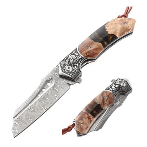Volver Damascus Pocket Knife with Olive Burl & Resin Handle