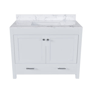 43" Bathroom Vanity With Artificial Marble Carrara Top Set, Multi Functional Bathroom Cabinet With Doors And Drawer - White