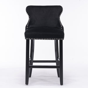 Contemporary Upholstered Wing-Back Barstools With Button Tufted Decoration And Wooden Legs, And Nailhead Trim, Leisure Style Bar Chairs, Bar Stools (Set of 2)