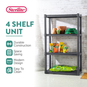 Sterilite Plastic Indoor Outdoor 4 Shelf Durable Shelving Unit, Gray, 2 Pack