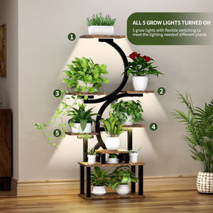8 Tier Indoor Plant Stand With 5 Grow Lights For Living Room - Rustic Brown