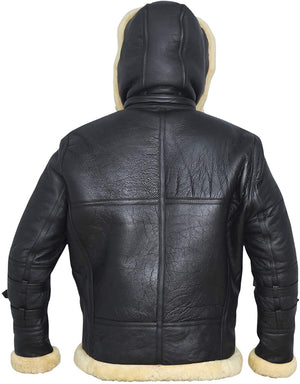 Men's Black B3 Shearling Jacket with Removable Hood