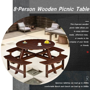 Outdoor 8 Person Round Picnic Table with Built-In Benches