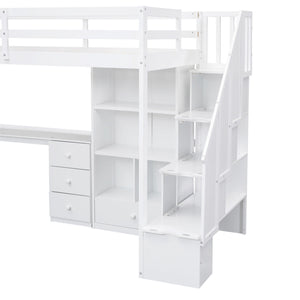 Loft Bed With L Shaped Desk, Drawers, Cabinet, And Storage Staircase