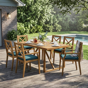 7 Pieces Acacia Wood Outdoor Dining Set with Blue Cushions