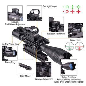 4-in-1 Rifle Scope Combo, 4-16*50mm Rangefinder Scope, Green Laser, Red & Green Dot Sight, 14 Slot Riser - TRAPSKI