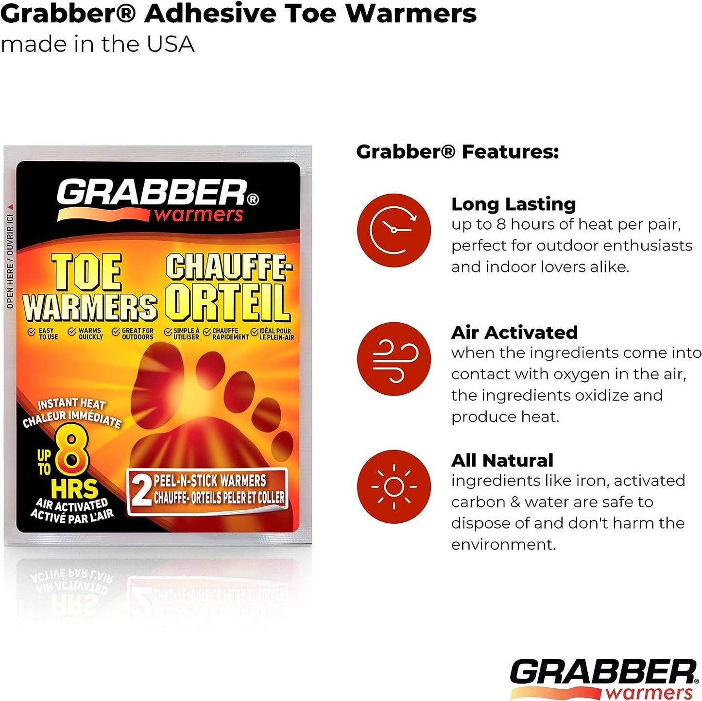 Grabber Toe Warmers - Long Lasting Safe Natural Odorless Air Activated Warmers - Up to 8 Hours of Heat - 8 Pair Pack