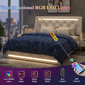 Wingback Upholstered Bed Frame With LED Lights, Charging Station