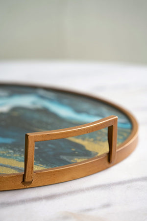 20.9x20.1x3.1" Round Accent Mirrored Tray with Handles
