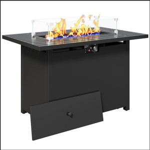 Outdoor 2 In 1 Gas Fire Pit Table With Lid & Glass Shield, Stainless Burner, Lava Rock, Rectangular Design - Black