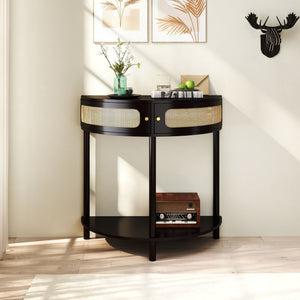 Boho Rattan Semi Circle End Table With Sliding Rattan Door, Storage And Bottom Shelf