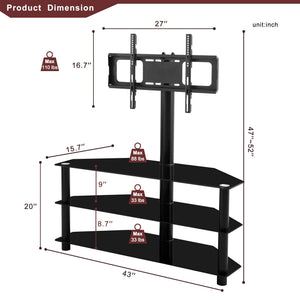 43.3" Multi-Function TV Stand Height Adjustable Bracket Swivel 3 Tier - Black