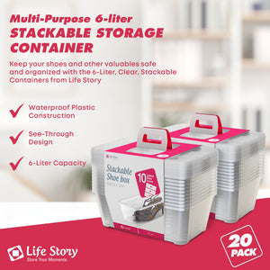 Life Story 6L Shoe and Closet Storage Box Stacking Containers, Clear (20 Pack)