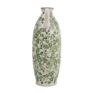 5.9x5.9x15.6' White Ceramic Flower Vase with Green Floral Pattern and Small Handles