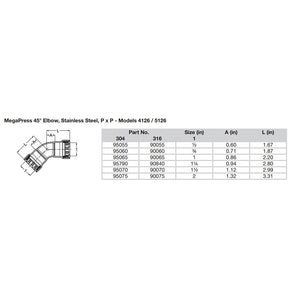 Viega MegaPress 1" 45 Stainless Steel 304 Elbow - Double Press Connection - Smart Connect Technology
