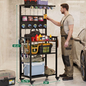 Fishing Rod Storage Rack With Pegboard, Rolling Tackle Organizer Cart - Black