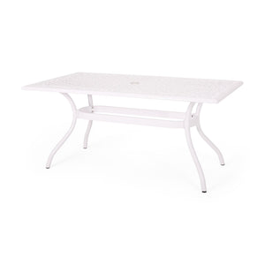 Celestine Outdoor Cast Aluminum Dining Table with Floral Lattice Design and Umbrella Holder