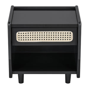 Black Nightstand with Rattan Detail
