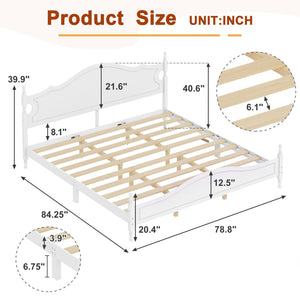 King Bed Frame with Headboard, Retro Style Wooden Platform Bed