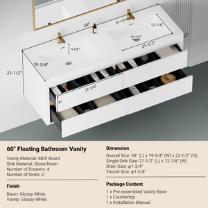 60" Wall-Mounted Bathroom Vanity with Sink, Floating Storage Cabinet