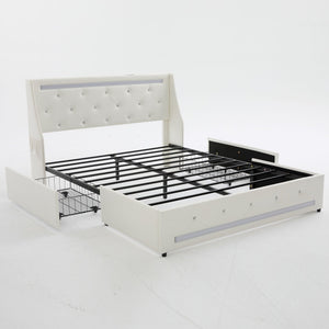 Wingback Upholstered Bed Frame With LED Lights, Charging Station