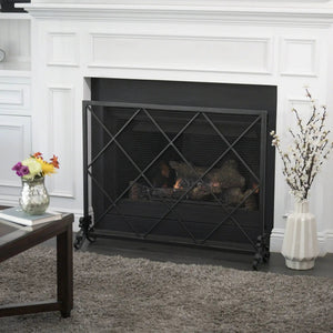 Minimalist Single Panel Iron Fireplace Screen with Diamond Design