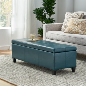 Upholstered PU Leather Storage Ottoman, Solid Wooden Legs